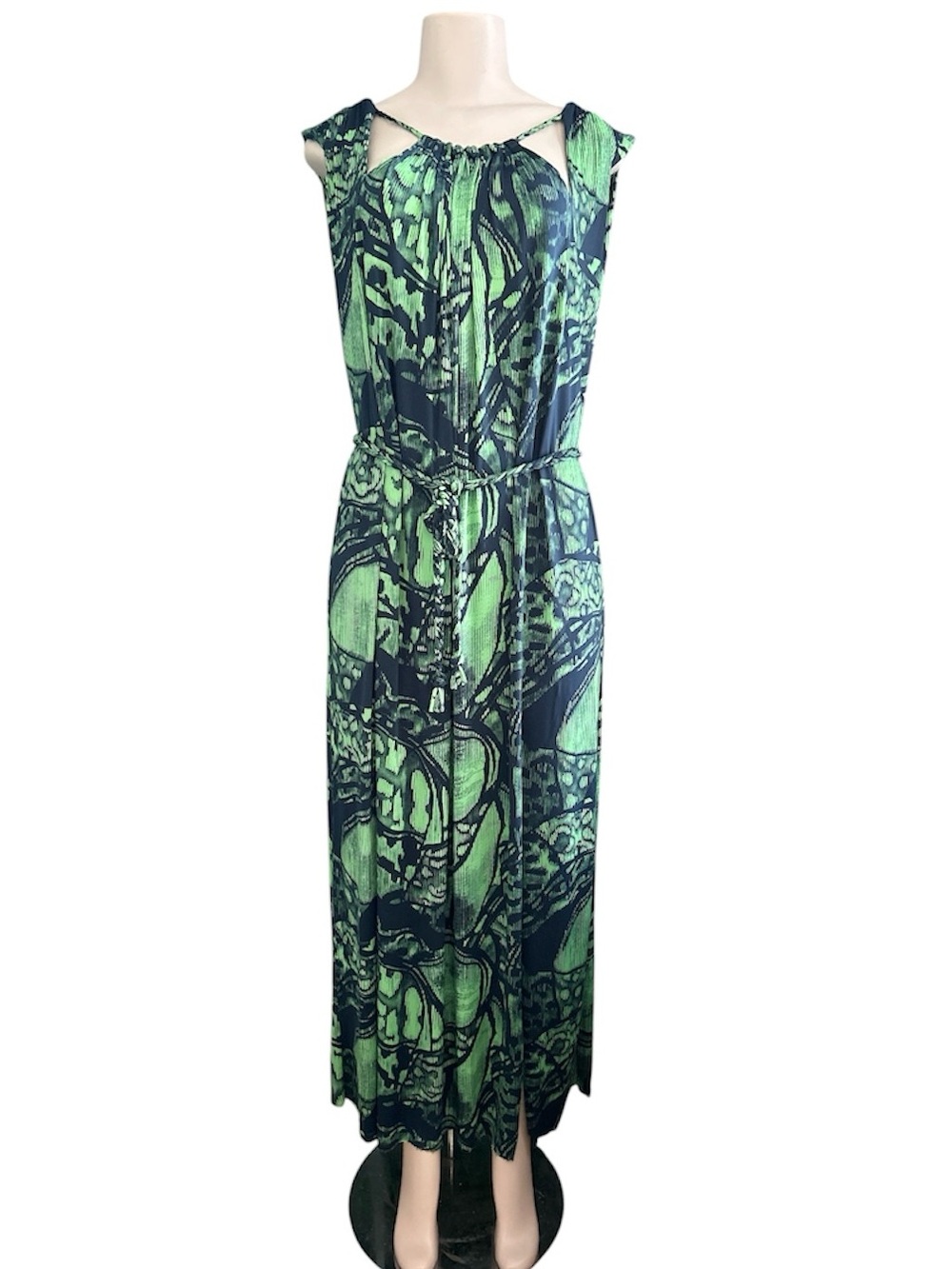 Tbags Los Angeles Green and Navy Sleeveless Tie-Waist Maxi Dress Size Large